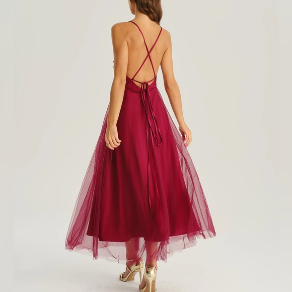 Rihoas Elegant Burgundy Mesh Flowy Slip Midi Dress